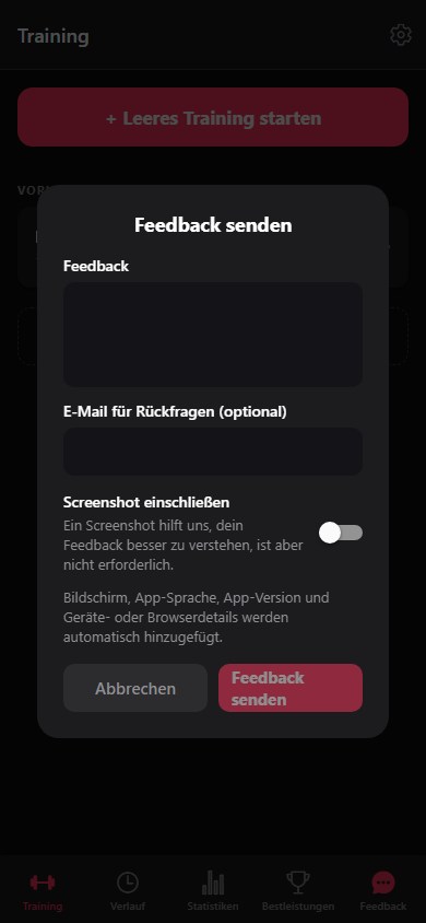 Das Feedback-Formular mit optionalem Screenshot.