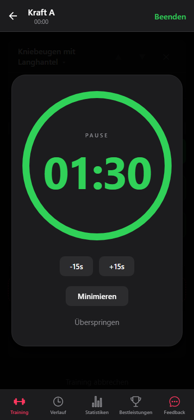 Der aktive Pausentimer mit Anpassungs- und Abbrechen-Steuerungen.