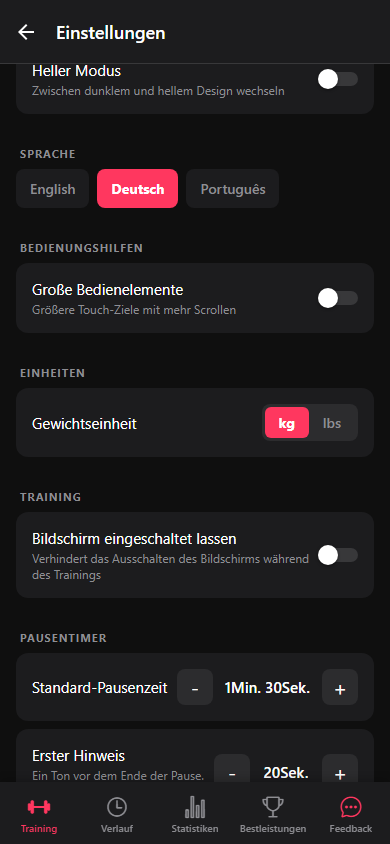 Einstellungen mit Sprache, Einheiten, Design und Großen Bedienelementen.