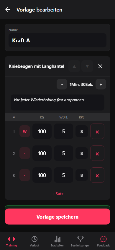 Der Übungseditor mit Zielen, Satztyp, Notizen und Pausenzeit.