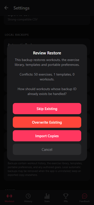 Backup controls and the Skip Existing, Overwrite Existing, and Import Copies choices.