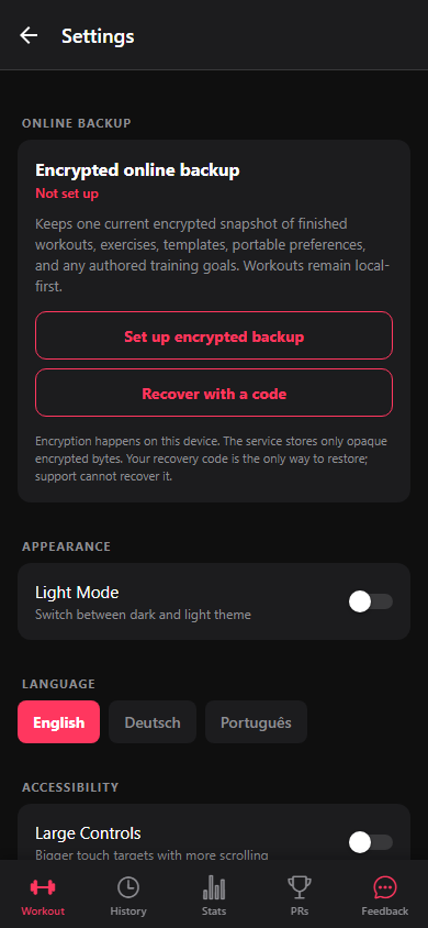 The encrypted online-backup card and recovery-code entry point.