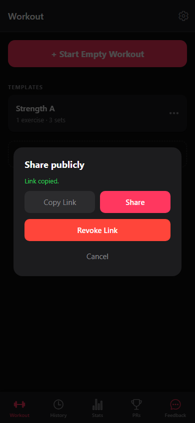 The share dialog with Copy Link, Share, and Revoke Link actions.