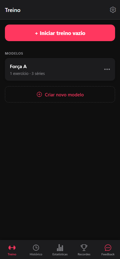 O separador Treino com os separadores inferiores e a ação Definições no cabeçalho.