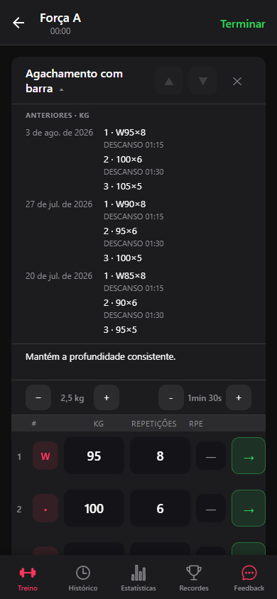 Uma nota de exercício ao lado do histórico de séries recentes.