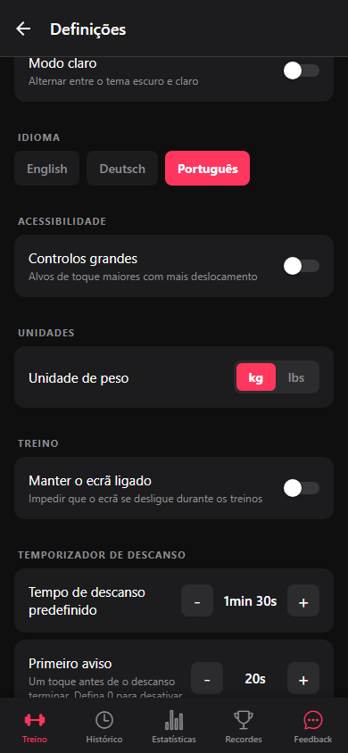 Definições com idioma, unidades, tema e Controlos grandes.