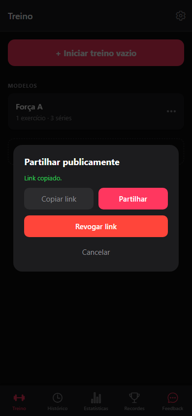 O diálogo de partilha com Copiar ligação, Partilhar e Revogar ligação.